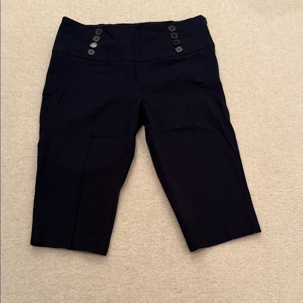 Women's Dark Blue Bermuda Short Button-Detail Pants Y2K 96% Cotton